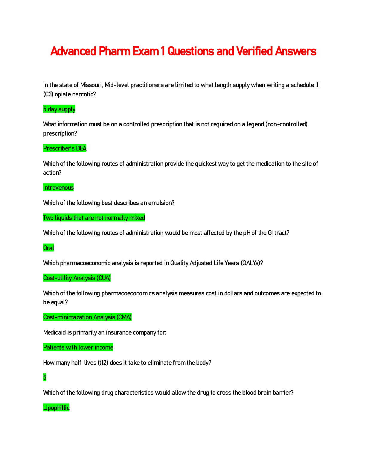 Advanced Pharm Exam 1 Questions and Verified Answers Browsegrades